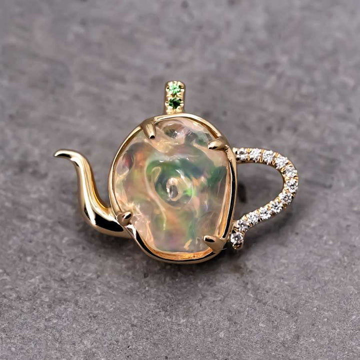 Teapot Fire Opal & Diamond Necklace