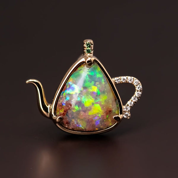 Teapot Fire Opal & Diamond Necklace