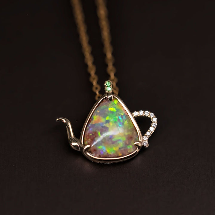 Teapot Fire Opal & Diamond Necklace