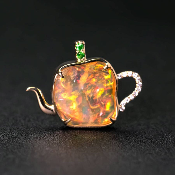 Teapot Fire Opal Diamond Pendant