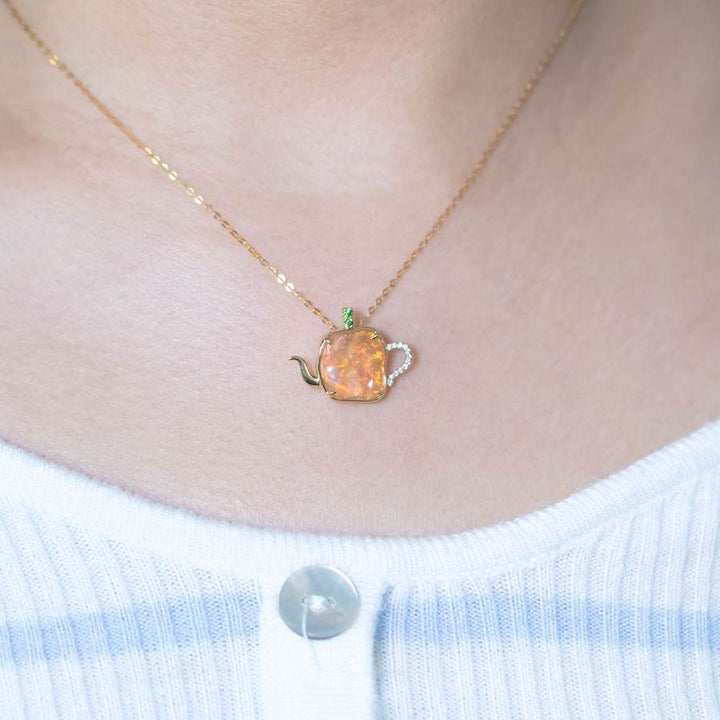 Teapot Fire Opal Diamond Pendant