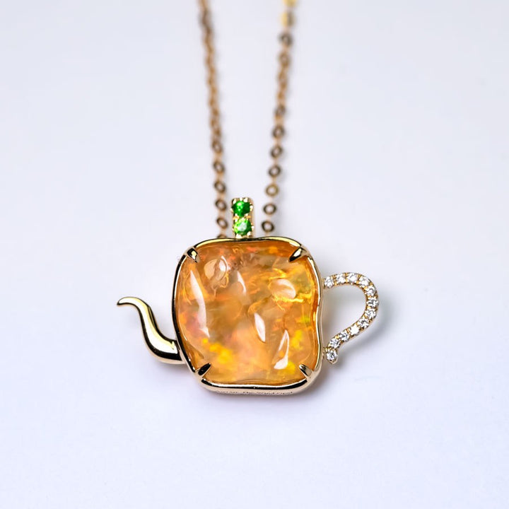 Teapot Fire Opal Diamond Pendant