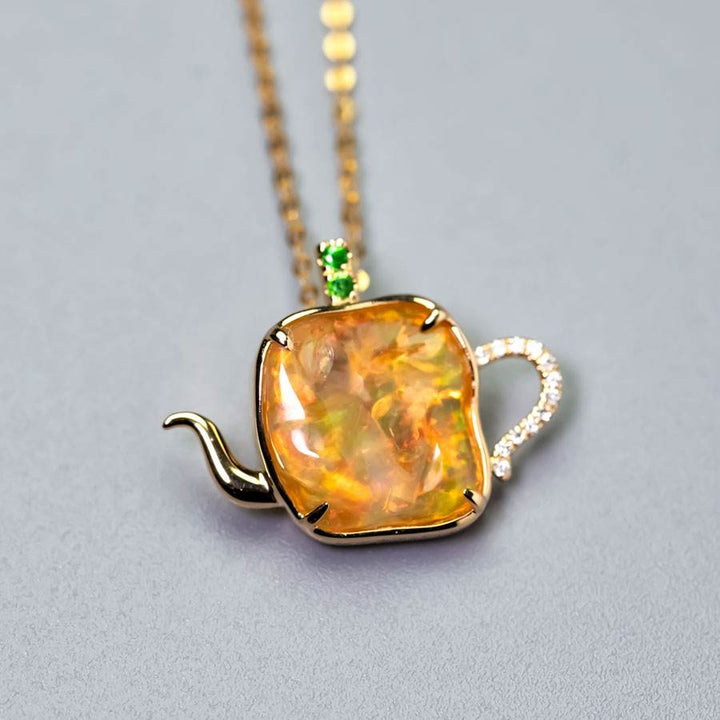 Teapot Fire Opal Diamond Pendant