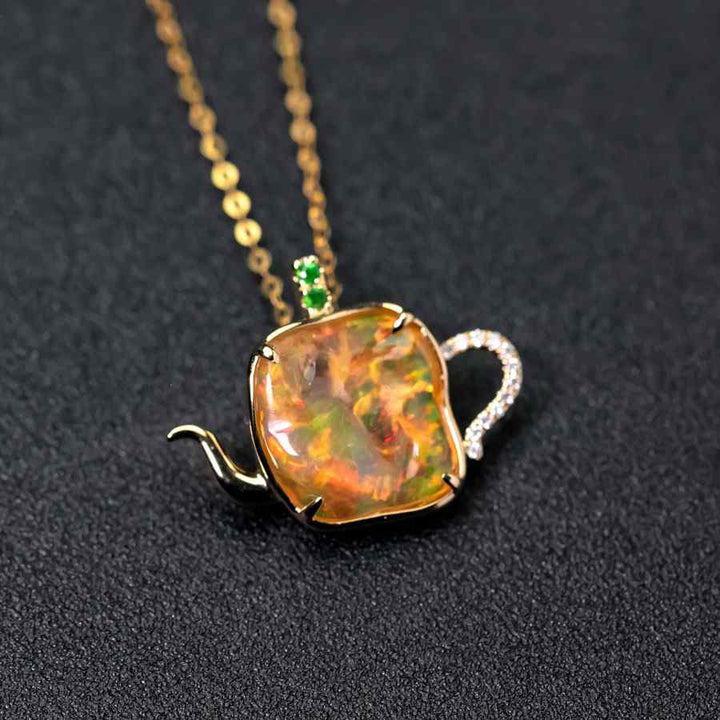 Teapot Fire Opal Diamond Pendant
