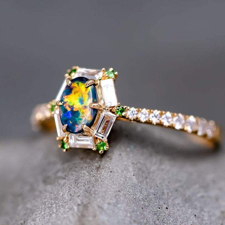 The One - Black Opal, Baguette Cut Diamond Engagement Ring