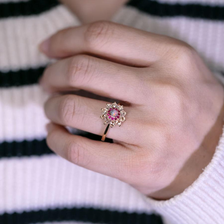The Precious - Halo Diamond Black Opal Ruby Engagement Ring