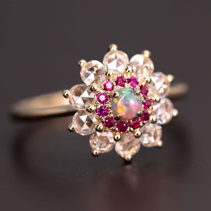 The Precious - Halo Diamond Black Opal Ruby Engagement Ring