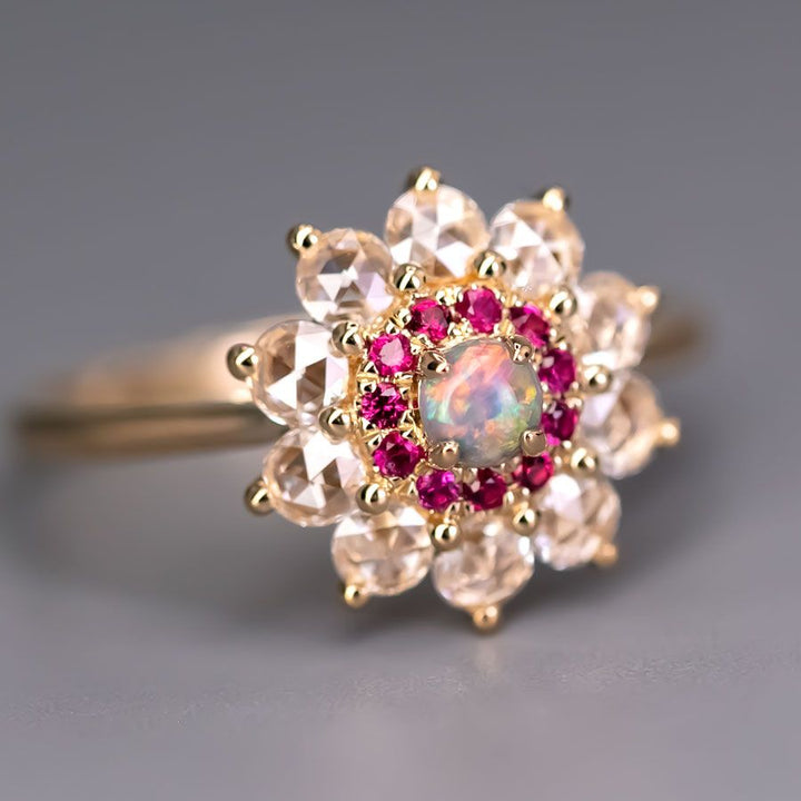The Precious - Halo Diamond Black Opal Ruby Engagement Ring