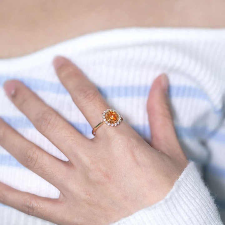 The Sunshine - Fire Opal Halo Diamond Engagement Ring