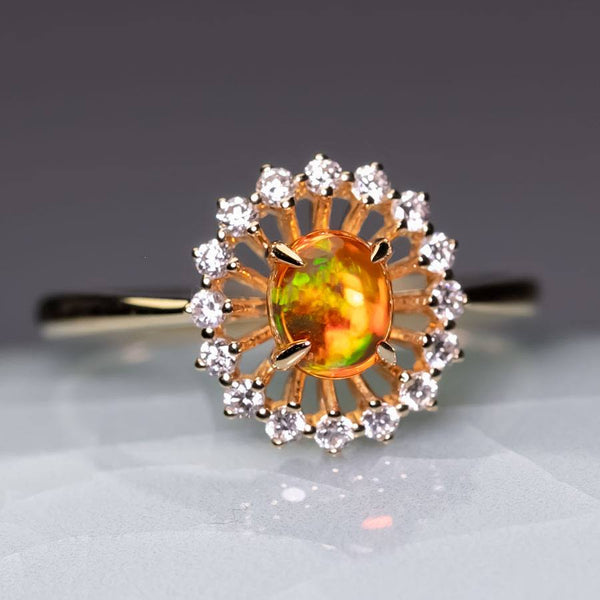 The Sunshine - Fire Opal Halo Diamond Engagement Ring