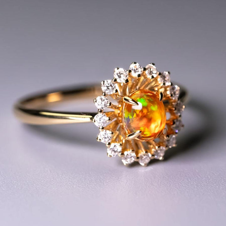 The Sunshine - Fire Opal Halo Diamond Engagement Ring