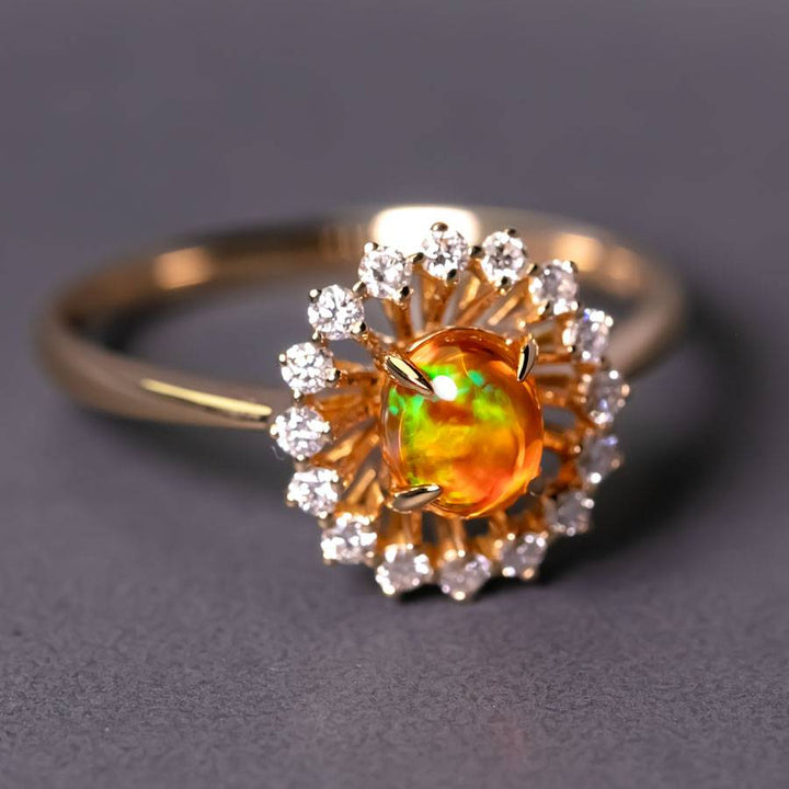 The Sunshine - Fire Opal Halo Diamond Engagement Ring
