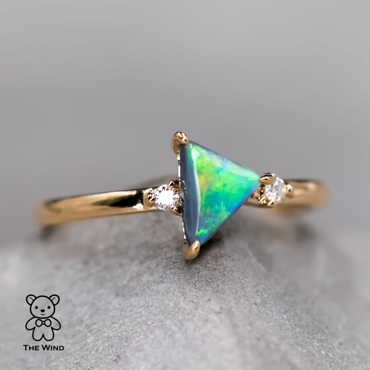 Triangle Shaped Black Opal Diamond Engagement Ring 18K Gold The Wind