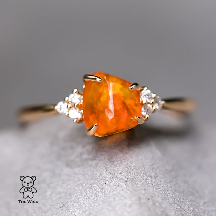 Three Diamond Mexican Fire Opal Engagement Wedding Ring-2