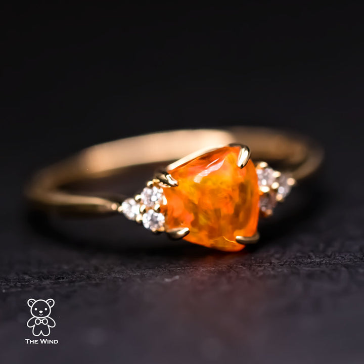 Three Diamond Mexican Fire Opal Engagement Wedding Ring-3