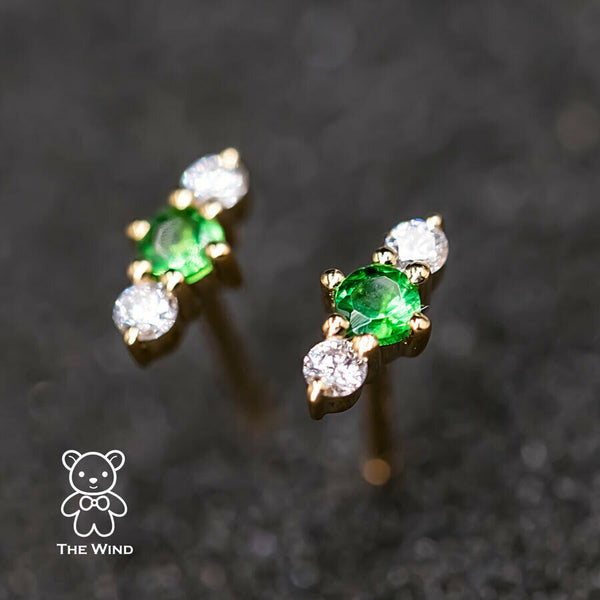 Three Stone Diamond Tsavorite Garnet Stud Earrings-1