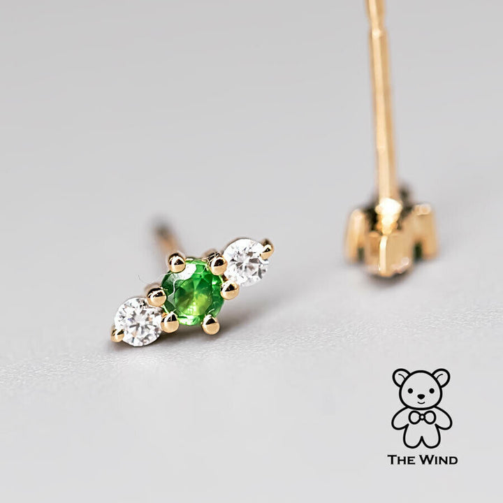 Three Stone Diamond Tsavorite Garnet Stud Earrings-2