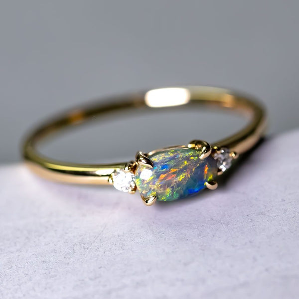 Three Stones Black Opal Diamond Engagement Ring 