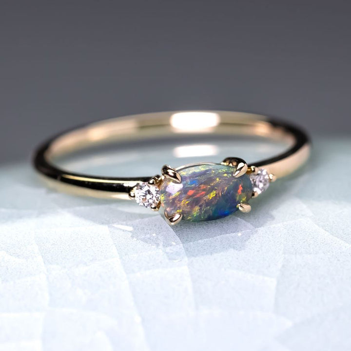 Three Stones Black Opal Diamond Engagement Ring 