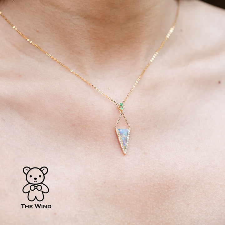 Triangle Australian Solid Opal Diamond Tsavorite Pendant Necklace-2