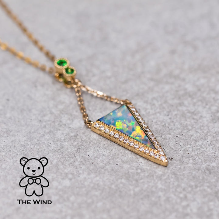 Triangle Australian Solid Opal Diamond Tsavorite Pendant Necklace-3