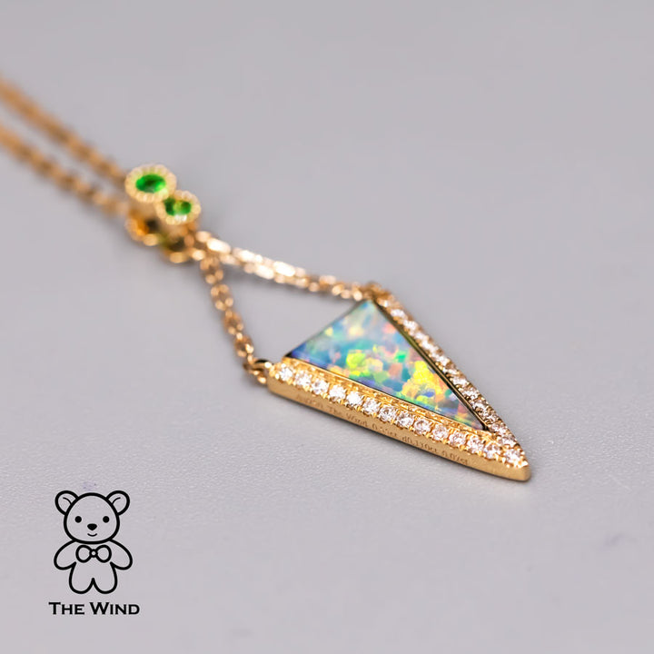 Triangle Australian Solid Opal Diamond Tsavorite Pendant Necklace-4