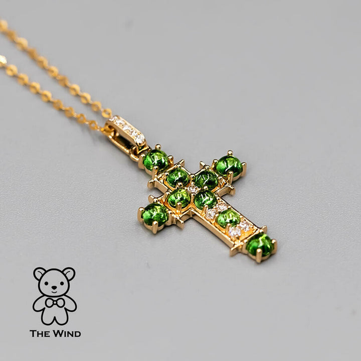 Tsavorite Garnet and Diamond Cross Pendant Necklace-3
