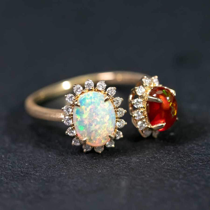 Twin Flame Ring – Australian Opal Fire Opal Diamond Halo Ring 18K Gold ...