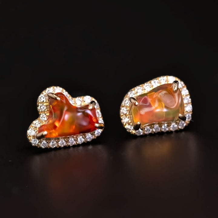 Two Colors Fire Opal Diamond Halo Stud Earrings