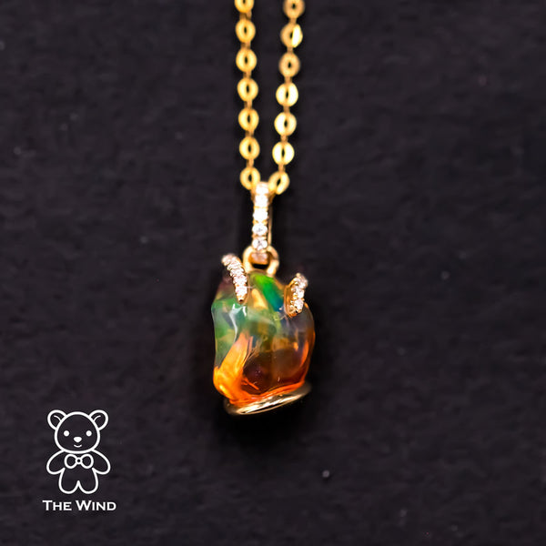 Unique Two-Tone Mexican Fire Opal Diamond Pendant Necklace-1