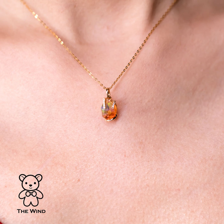 Unique Two-Tone Mexican Fire Opal Diamond Pendant Necklace-4