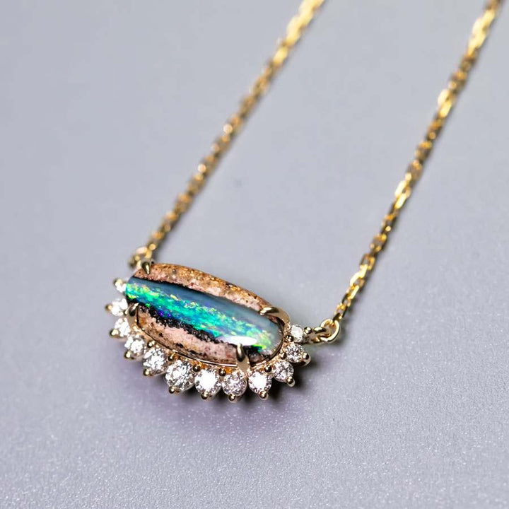 Unique Pattern Boulder Opal Halo Diamond Necklace