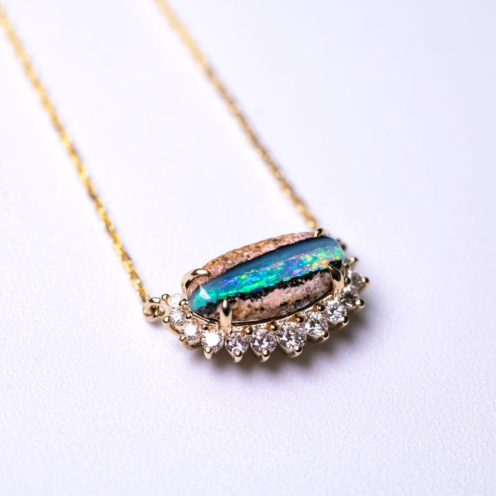 Unique Pattern Boulder Opal Halo Diamond Necklace