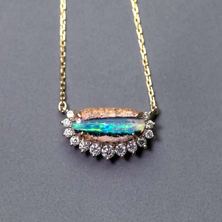 Unique Pattern Boulder Opal Halo Diamond Necklace