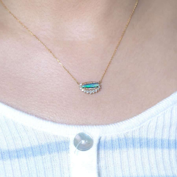 Unique Pattern Boulder Opal Halo Diamond Necklace