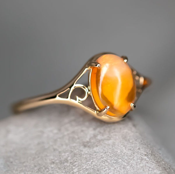 Vintage Inspired Egg Fire Opal Engagement Ring