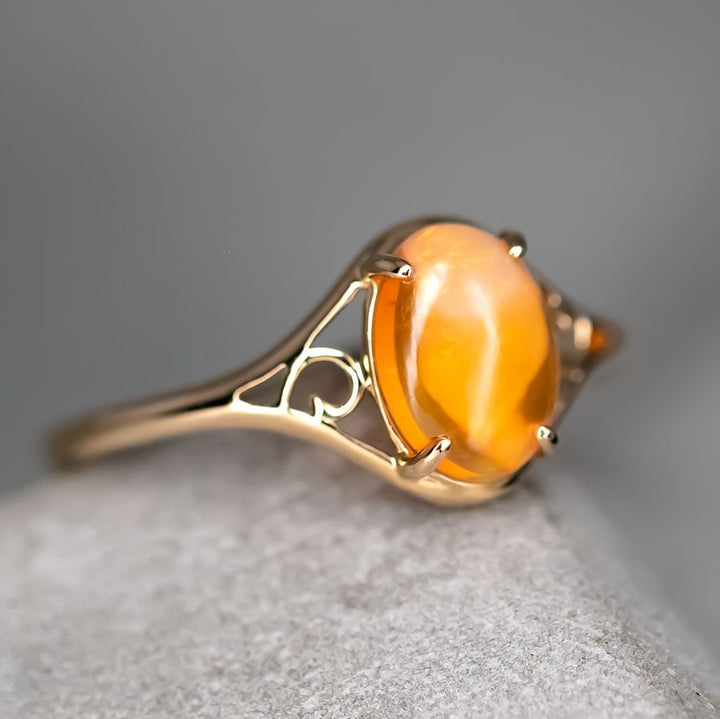 Vintage Inspired Egg Fire Opal Engagement Ring