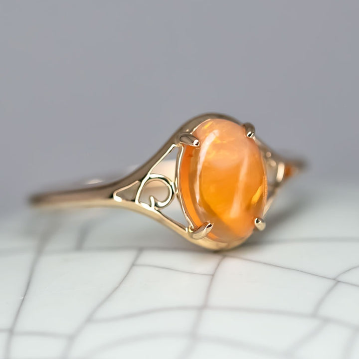 Vintage Inspired Egg Fire Opal Engagement Ring