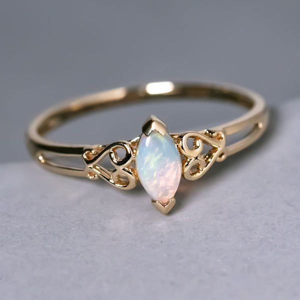 Vintage Inspired Marquise Solid Opal Engagement Ring