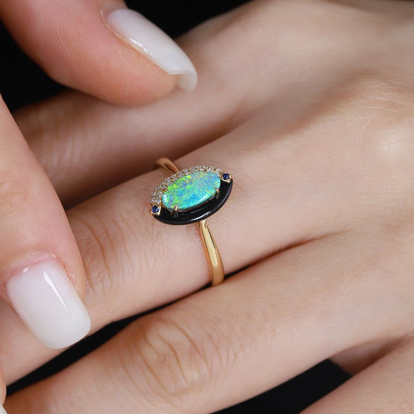 Yin-Yang Semi-Black Opal Diamond Sapphire Engagement Ring