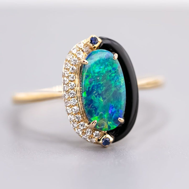 Yin-Yang Semi-Black Opal Diamond Sapphire Engagement Ring
