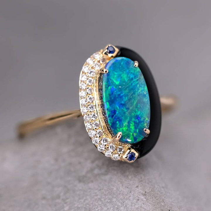 Yin-Yang Semi-Black Opal Diamond Sapphire Engagement Ring
