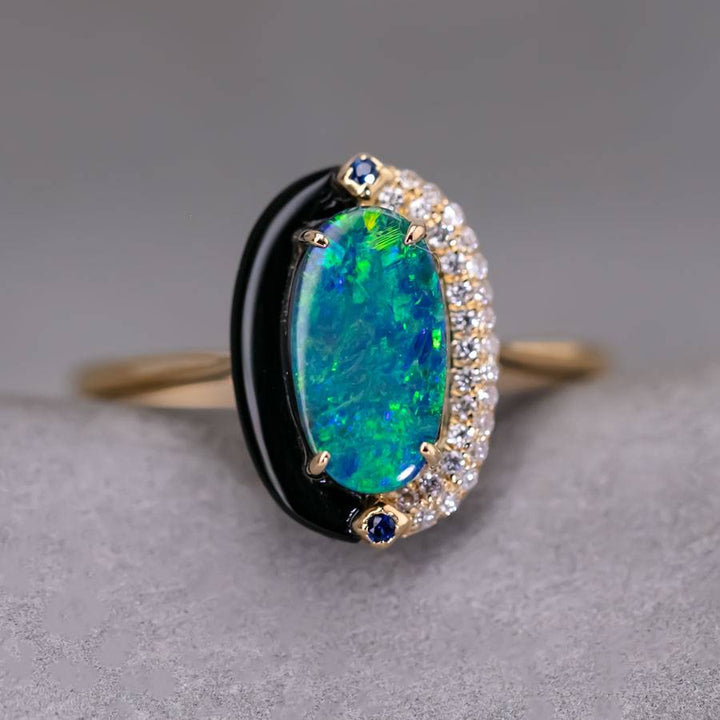 Yin-Yang Semi-Black Opal Diamond Sapphire Engagement Ring