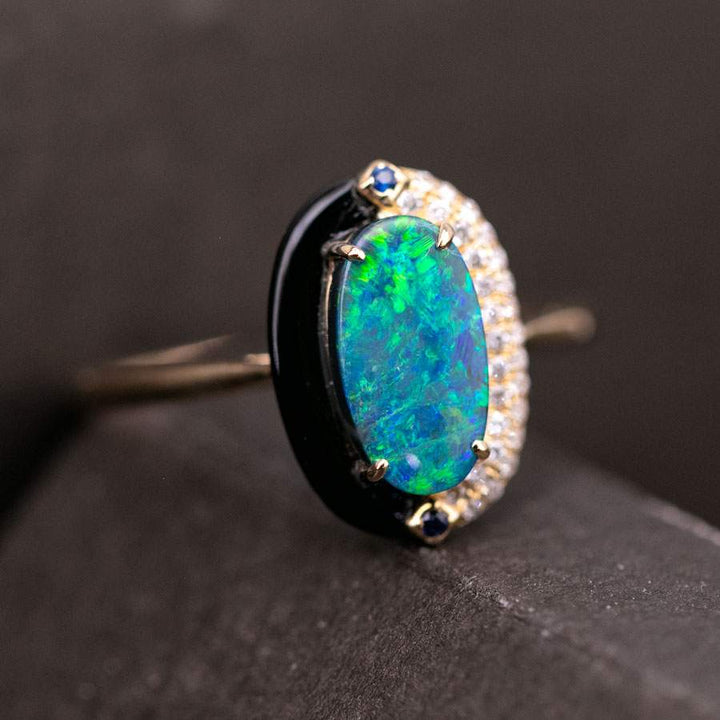 Yin-Yang Semi-Black Opal Diamond Sapphire Engagement Ring