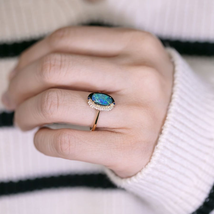 Yin-Yang Semi-Black Opal Diamond Sapphire Engagement Ring