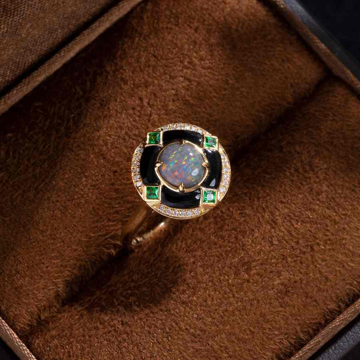 Black Opal, Diamond & Tsavorite Engagement Ring