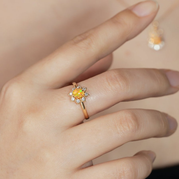 Flower Opal Diamond Engagement Ring
