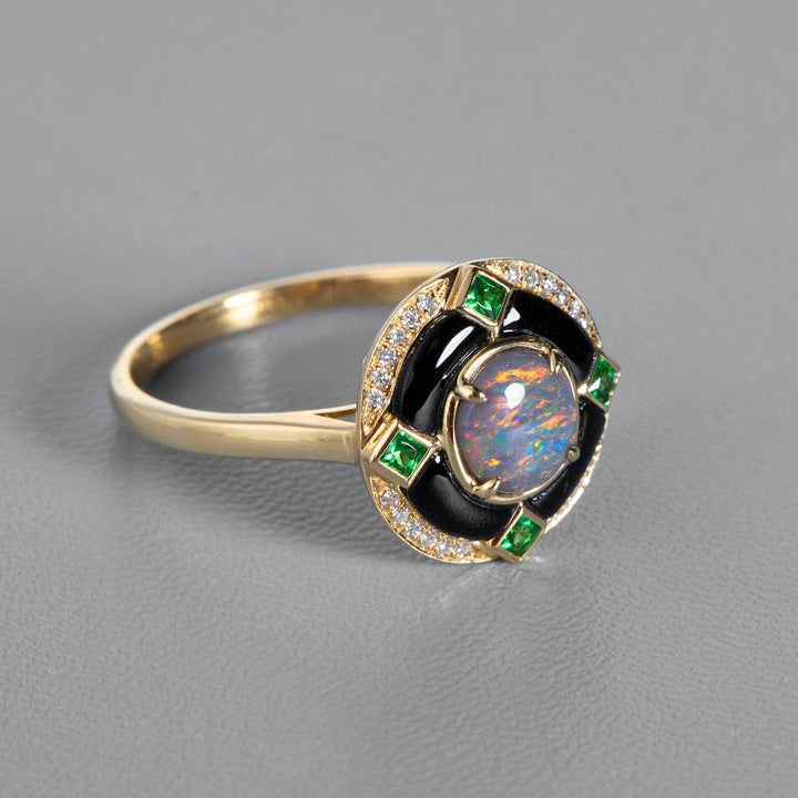 Black Opal, Diamond & Tsavorite Engagement Ring