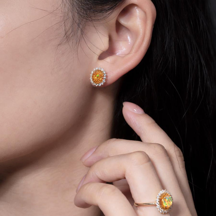 The Sunshine - Fire Opal Halo Diamond Stud Earrings