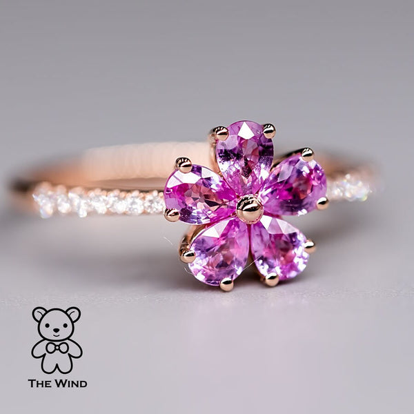 Pink Sapphire Diamond Sakura Cherry Blossom Flower Engagement Ring 18K Rose Gold Promise Ring for Couples